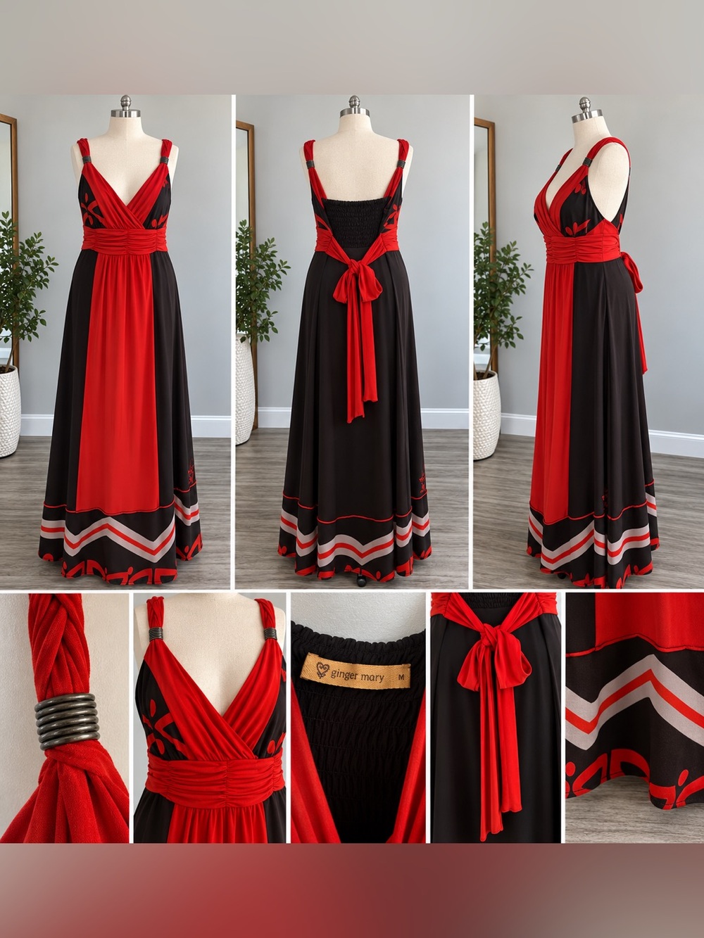 Ginger Mary Orange & Chocolate Brown Maxi Dress Ruched Waist Boho